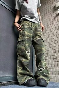 复古水洗做旧迷彩割破多口袋工装裤男女微喇牛仔裤网图NK5115-p58图片