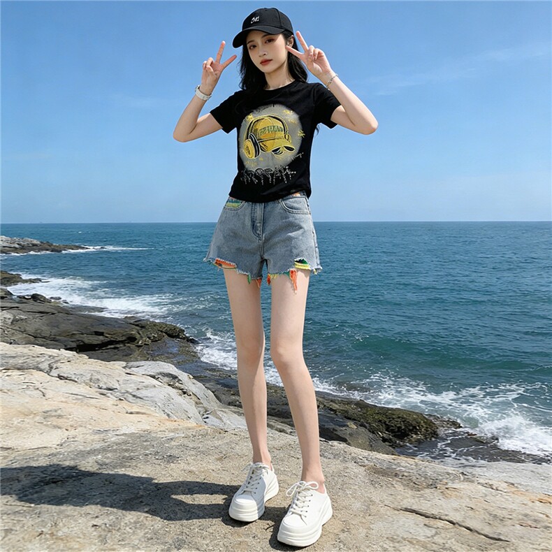 女夏季新款韩版运动休闲套装卡通印花圆领短袖宽松牛仔短裤两件套,女装套装/套裙,江南