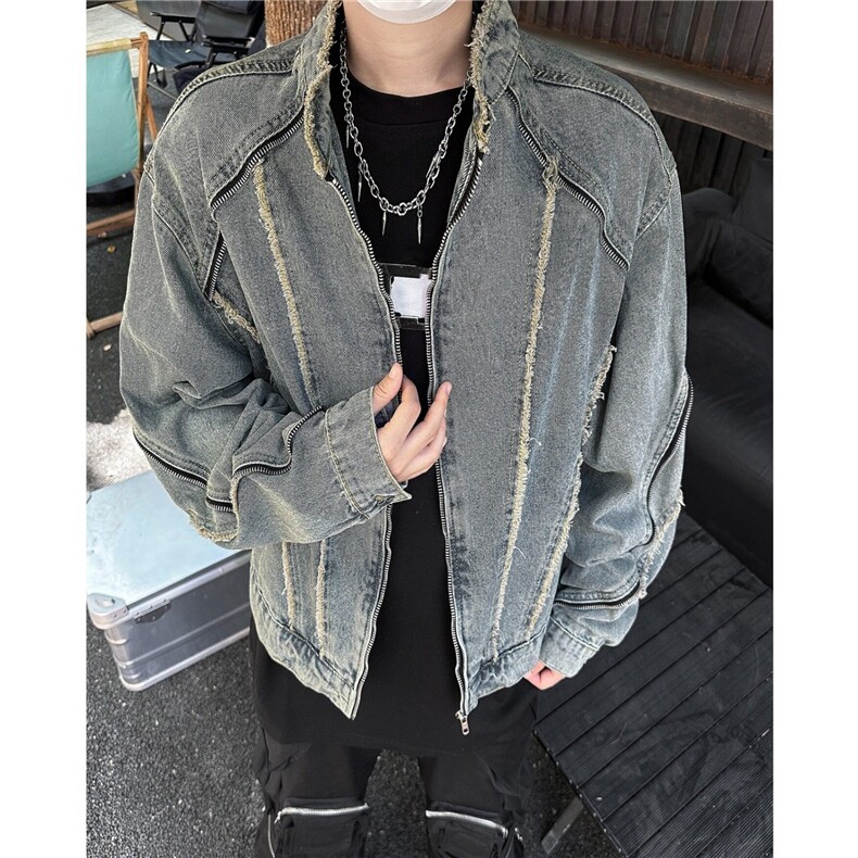 GC032-P68 毛边水洗牛仔外套男春秋季短款机车风立领帅气夹克潮图片