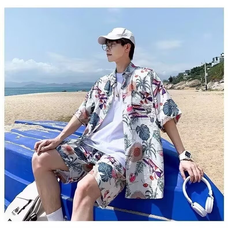 沙滩夏威夷花衬衫男夏季套装半袖衬衣oversize痞帅设计感寸衫外套,男装衬衫,星座1210-1