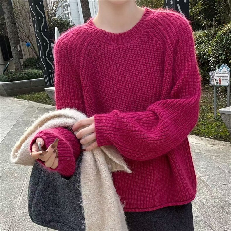 新款纯色圆领针织衫时尚百搭长袖,针织衫/毛衣,贝美羊绒