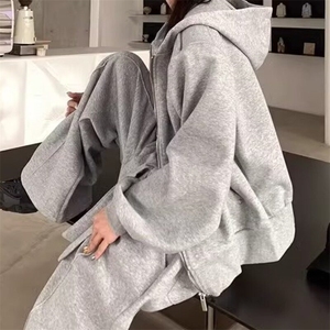 外套女款2025春秋款经典灰色开衫连帽卫衣宽松休闲针织运动衫图片