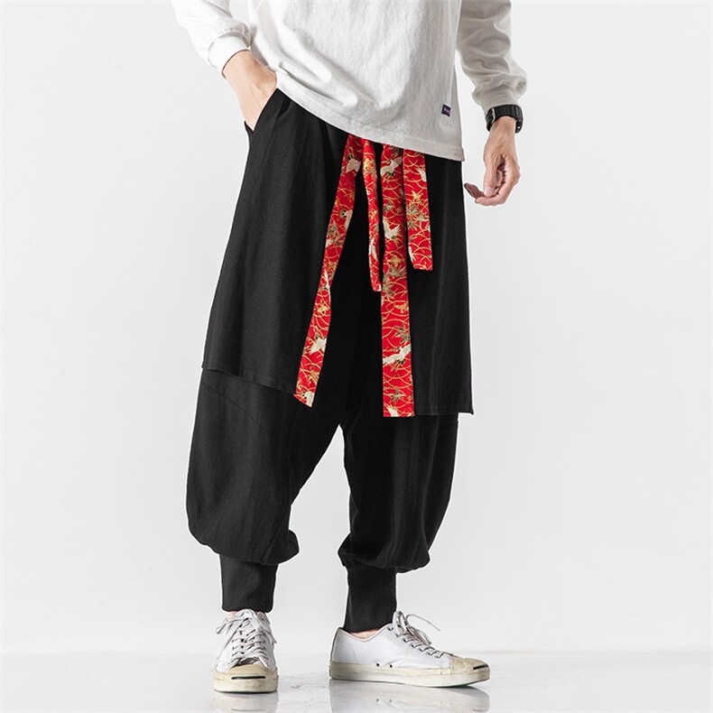 秋冬大码风仙鹤拼接棉麻裤汉服宋裤宽松休闲阔腿裤K113/P80,男装民族服装,钱塘713