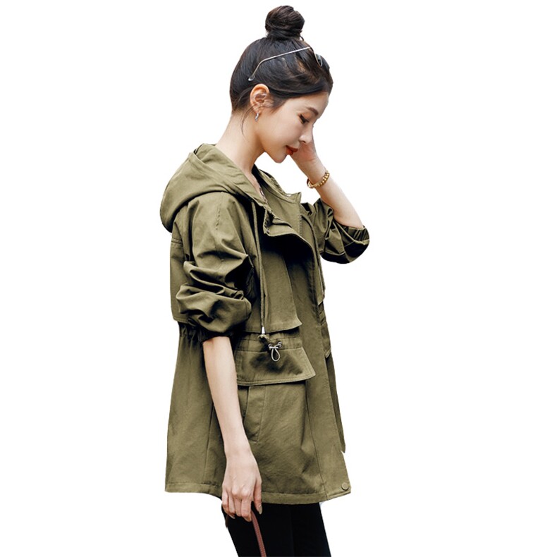 工装风衣女短款秋装2023新款宽松百搭抽绳收腰高级感连帽休闲外套,女装风衣,以桐