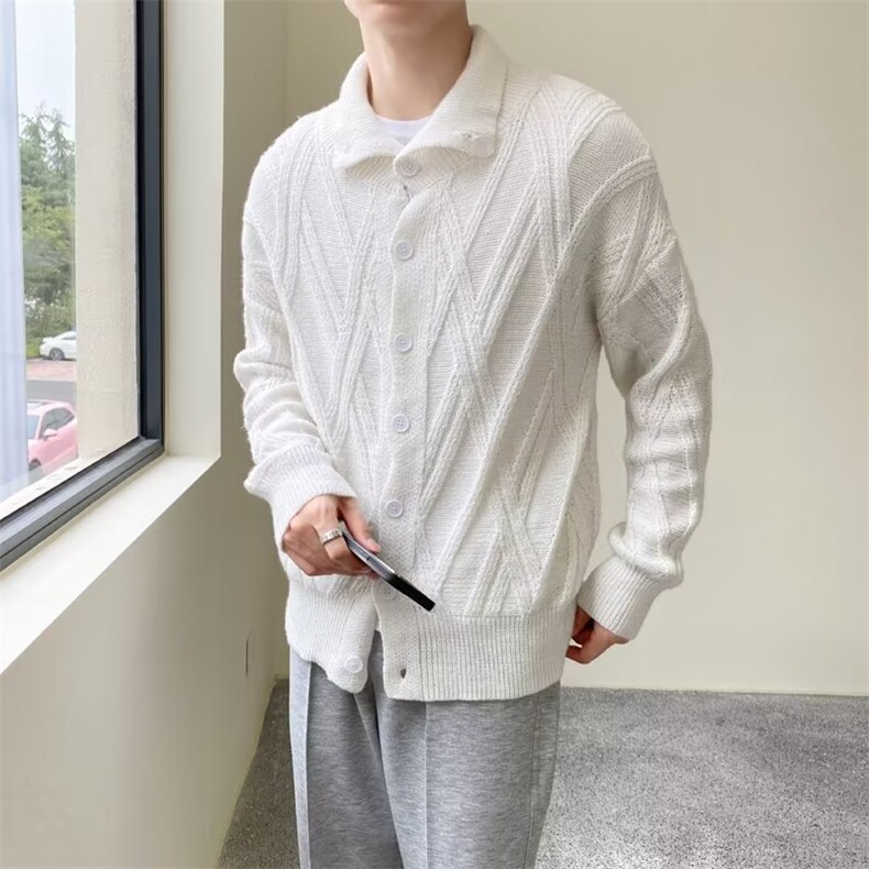 菱形格针织开衫男宽松立领冬季韩版情侣休闲百搭毛衣外套G07,男装针织衫/毛衣,星座1116A-2（原606A-1）