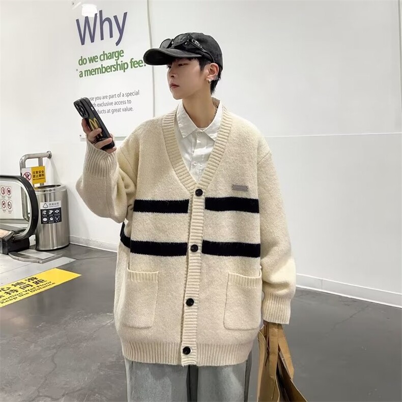 美式潮牌学院风针织开衫男2023冬季撞色V领条纹慵懒上衣MZ168-P60,男装针织衫/毛衣,星座412-3
