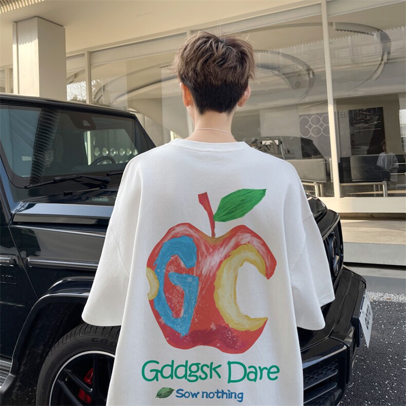图案已注册夏季新款苹果印花短袖T恤男潮宽松半袖体恤衫D181/P25,男装T恤,电商B316