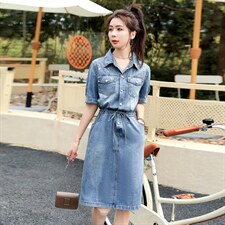欧货牛仔连衣裙女中长款2025夏季薄款收腰显瘦时尚亮片衬衫A字裙，女装连衣裙，意芙