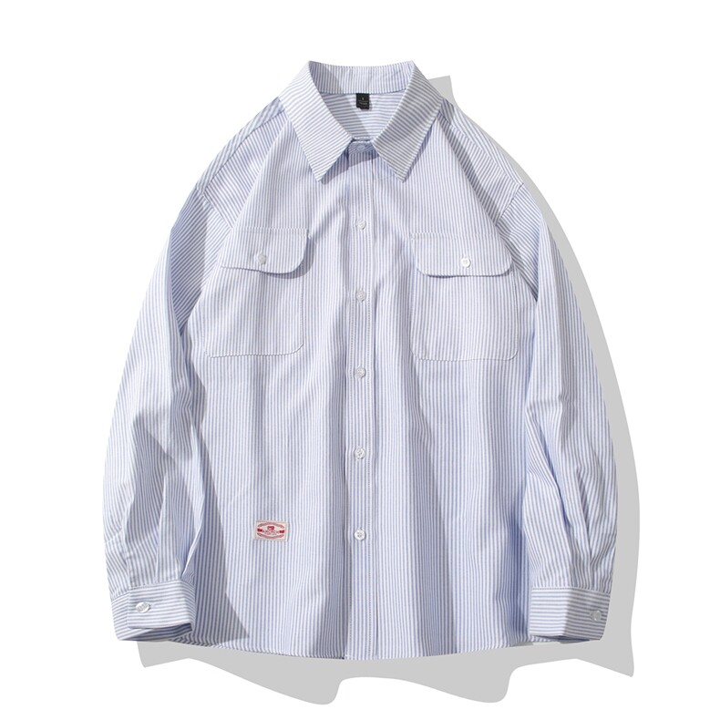 B413-1-DX6010港风复古长袖条纹衬衫男女潮牌宽松休闲工装衬衣服图片