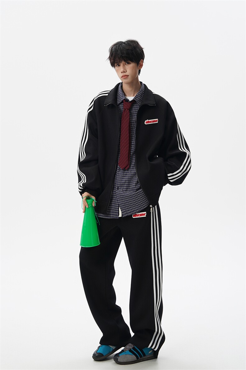 8XL-M条纹撞色开衫新年红卫衣运动套装潮牌运动服校园风TZ114P118,男装休闲套装,电商D206-1