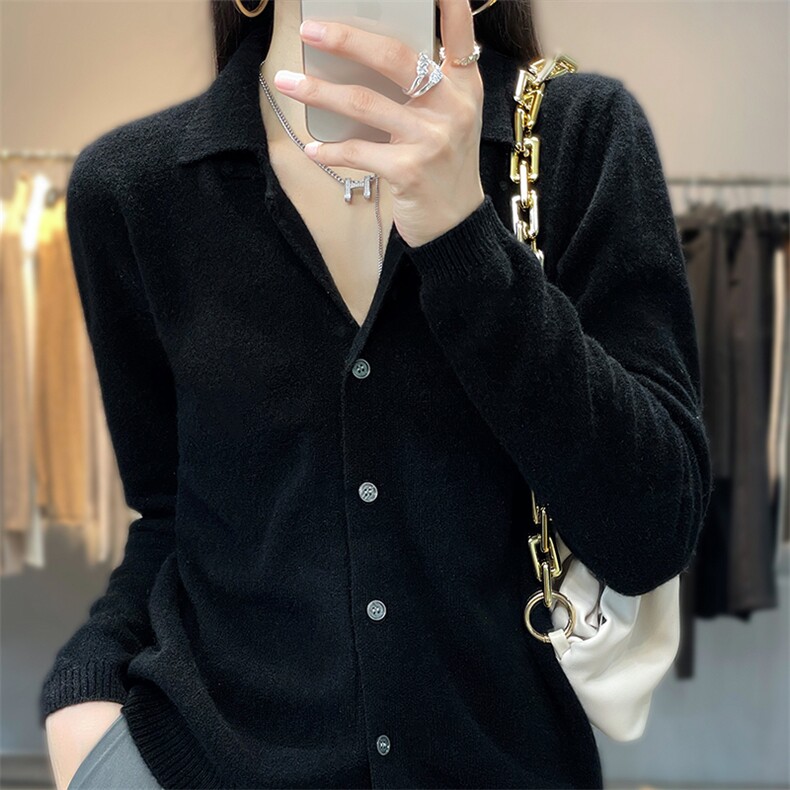 春装款女开衫衬衣领精致POLO领长袖毛衣羊毛打底针织衫,女装羊毛衫,伟泽羊绒