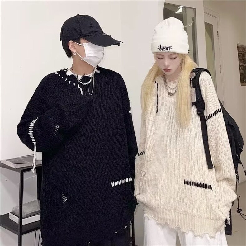 设计感高街毛衣破洞针织衫缝线破洞男慵懒风秋冬美式嘻哈毛衣圆领,男装针织衫/毛衣,星座715-4