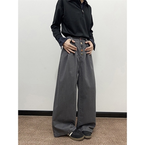 美拉德排扣设计休闲裤男复古vintage做旧工装裤秋痞帅宽松阔腿裤图片