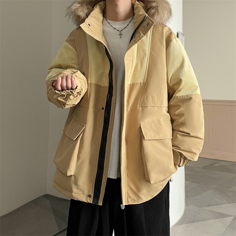 港风2026新品冬季宽松撞色棉服派克服毛领冬装加厚外套D009-P145,男装棉衣,星座717
