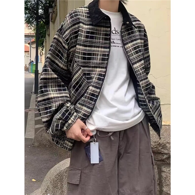 春秋美式短款格子纹夹克男百搭宽松休闲翻领外套潮上衣HH912P88,男装夹克,星座1013-5