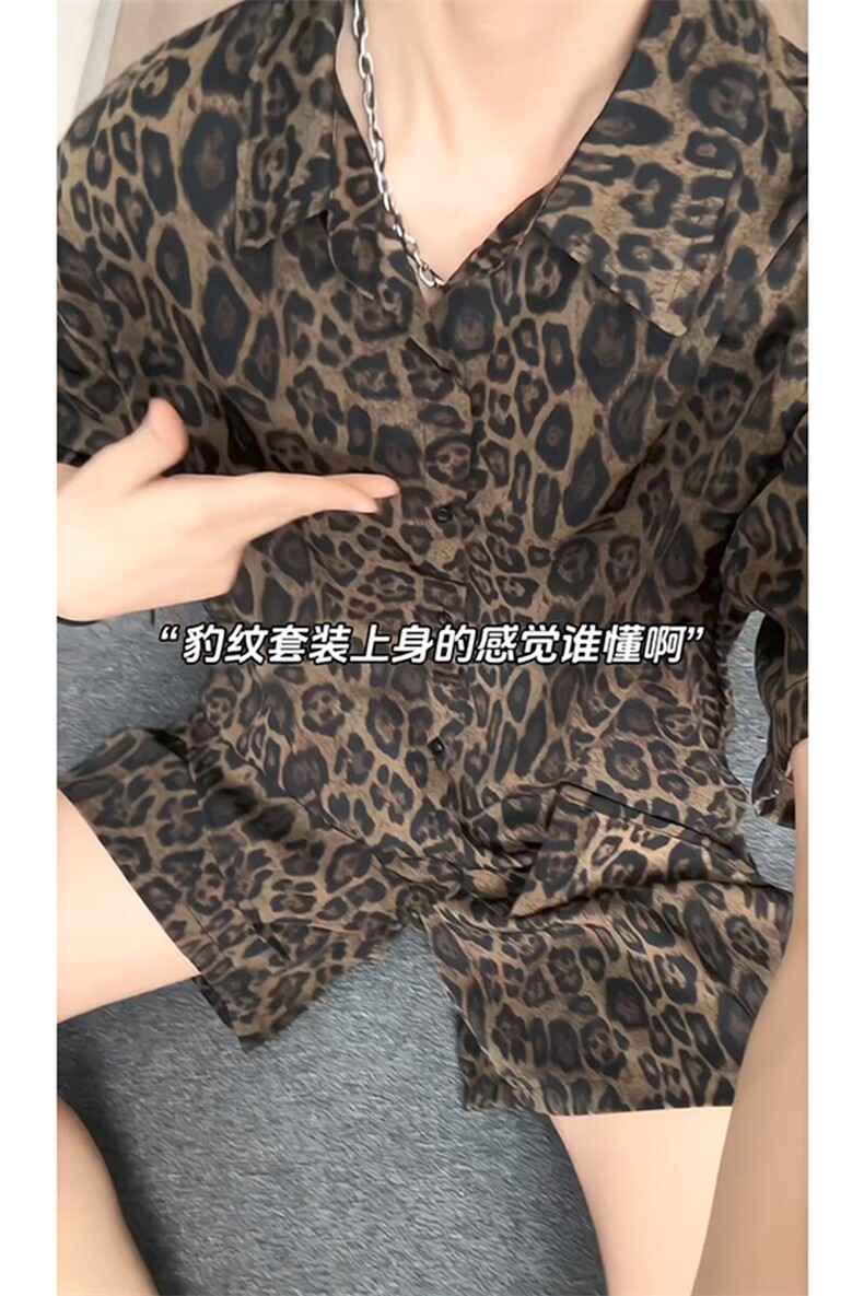1豹纹短袖衬衫男短裤男潮流休闲套装男M-5XL大码TZ78703P50控98,男装牛仔裤,星座226-2