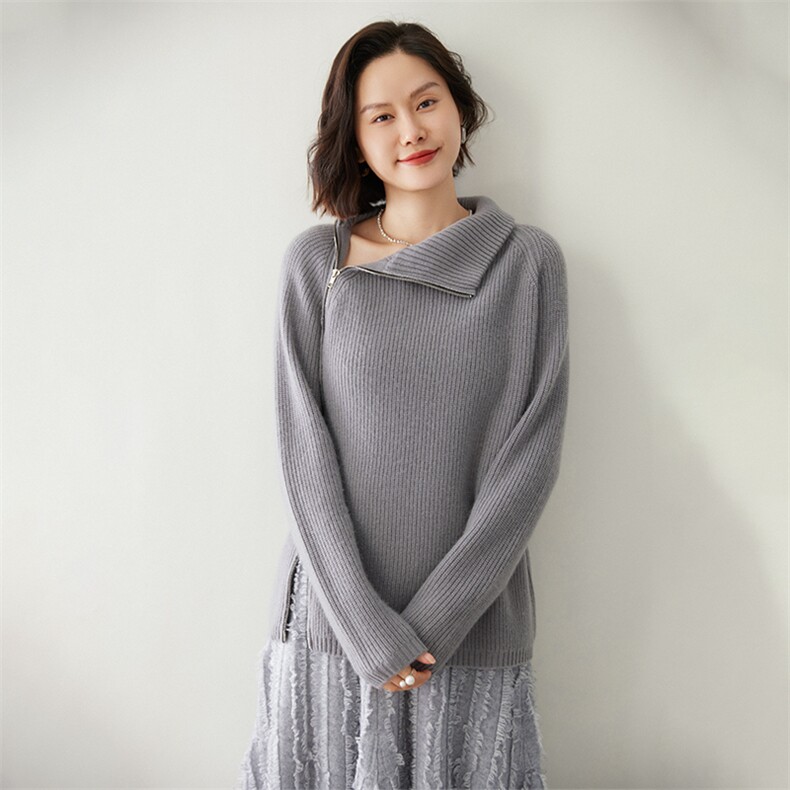 时尚优雅侧拉链高领羊绒开衫 显瘦百搭女士毛衣外套图片