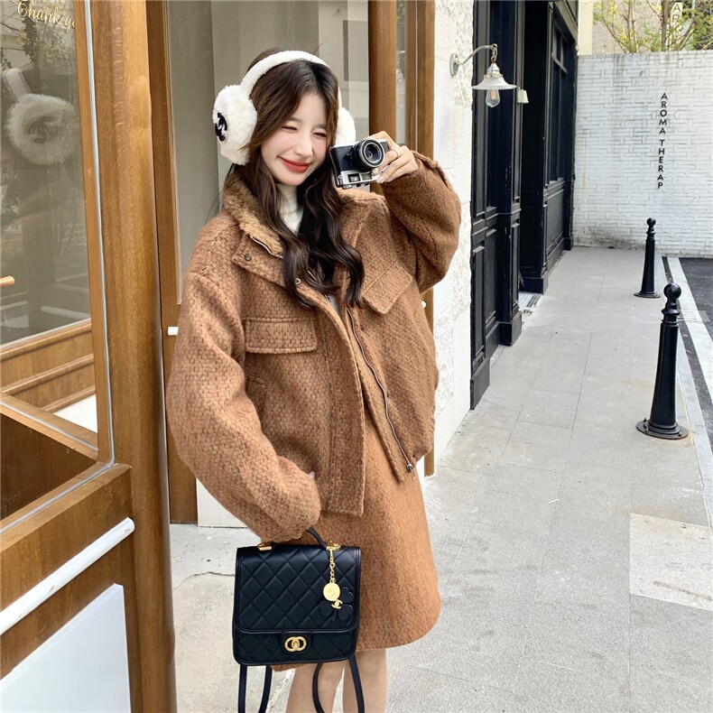 美拉德风毛呢羽绒套装女冬季2025新款高级感穿搭高腰半身裙两件套,女装套装/套裙,维壹
