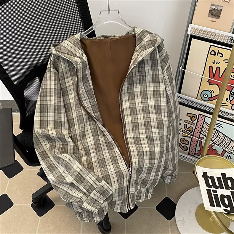 2024复古氛围感美式格纹格子连帽拉链外套秋冬潮牌上衣AK2/P62，女装短外套，星座506B