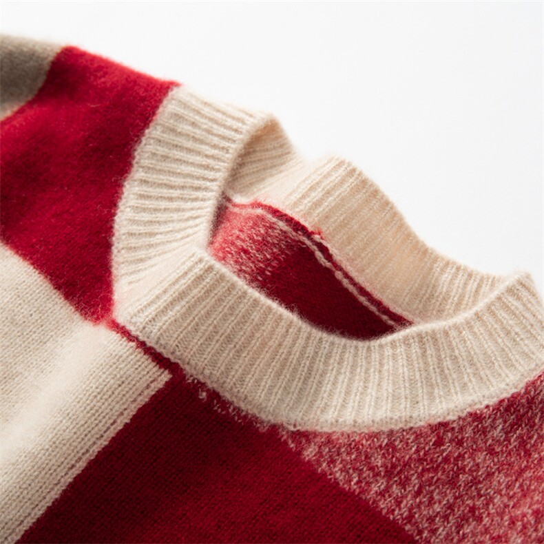 新款羊绒衫女宽松圆领撞色格子堆堆领套头毛衣长袖内搭,女装羊绒衫,万品羊绒
