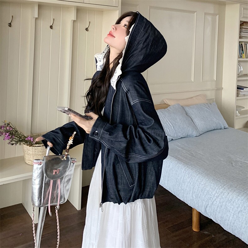 韩系chic蕾丝连帽牛仔短外套女春秋2025超火好看高级小众夹克上衣,女装短外套,2C301