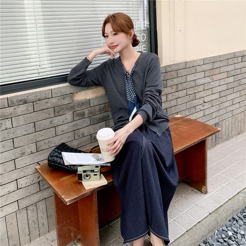 韩系轻熟风套装女2025秋季新款气质慵懒针织开衫高腰半身裙两件套,女装套装/套裙,2D145