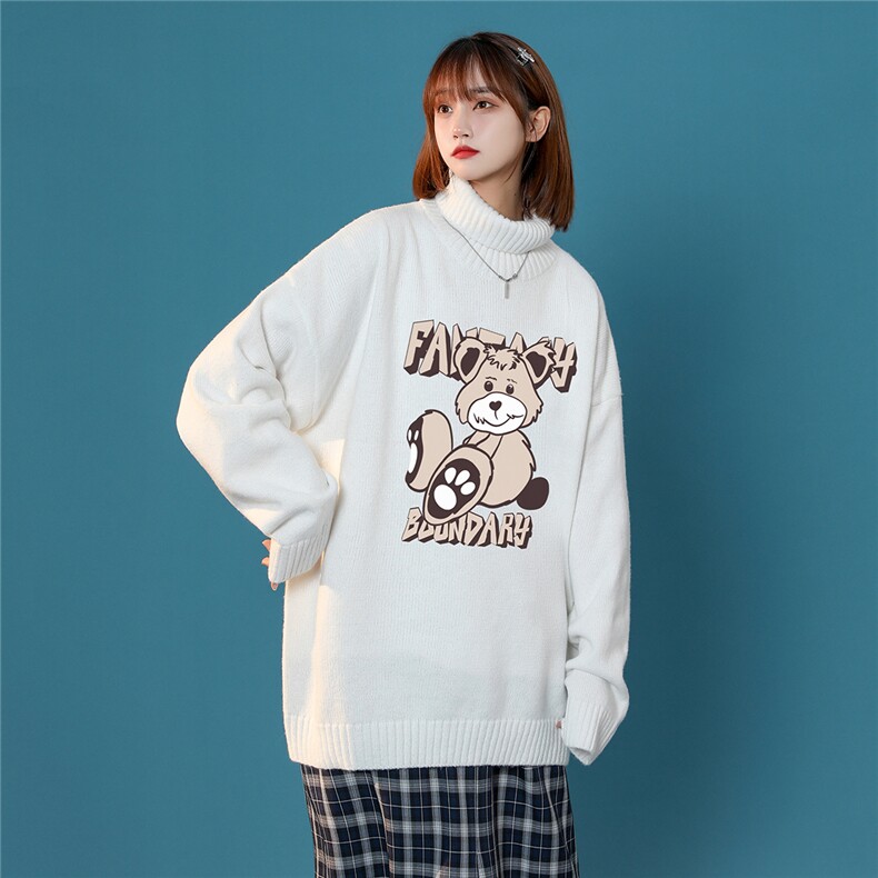 中性风22秋冬新款趣味小熊宽松百搭可翻高领套头毛衣M959P55控78,男装针织衫/毛衣,A247A