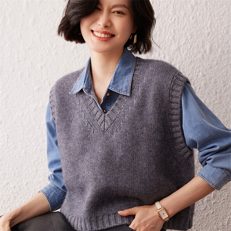 2024秋季新款纯色港风复古35%羊绒马甲通勤百搭,女装马甲,雪真羊绒高端店