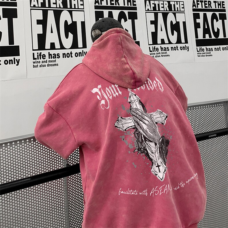 做旧加绒连帽卫衣23秋冬十字架印花男生外套男XZ514-2-W6673-P78,女装短外套,星座514-2(原B239)