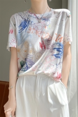 印花T恤女短袖2024夏装新款宽松显瘦圆领上衣休闲百搭半袖女士，女装T恤，暖圣羊羊绒
