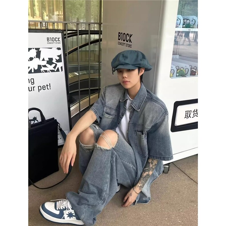 美式复古小众做旧牛仔衬衫男高街痞帅潮牌破洞牛仔裤衣服一套搭配,男装休闲套装,星座1210-1