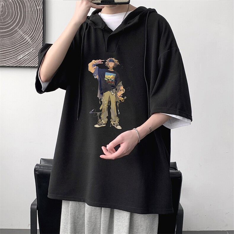 LD54419-P45NASA连帽短袖t恤男大码胖子带帽五分袖中袖,男装T恤,电商A040