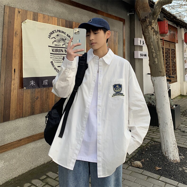 CS16-P38慵懒原宿风潮流简约印花方领纯色衬衫图片