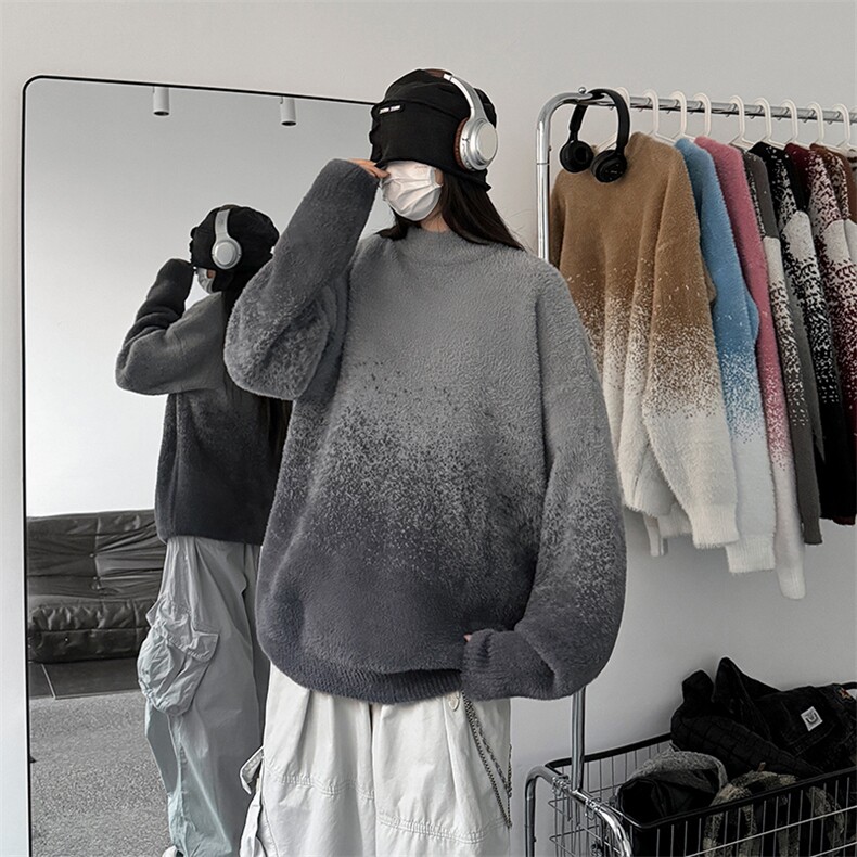 冬季仿貂毛针织衫休闲慵懒渐变撞色圆领毛衣女D5588-TP5078，男装针织衫/毛衣，电商A102