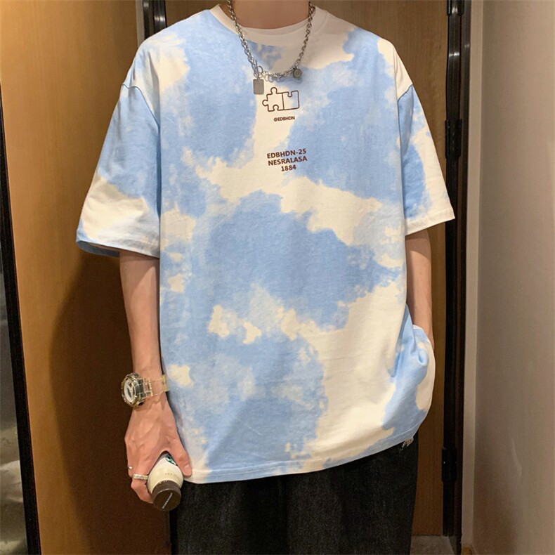 新款扎染短袖t恤男新ins日系原宿风网红设计感港风上衣T577-P26,男装T恤,星座512-2