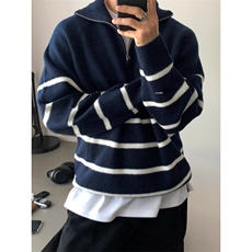 1506-1/ZS501/P50半拉链条纹毛衣男立领秋冬新款慵懒高级感宽松，男装针织衫/毛衣，星座1506-1