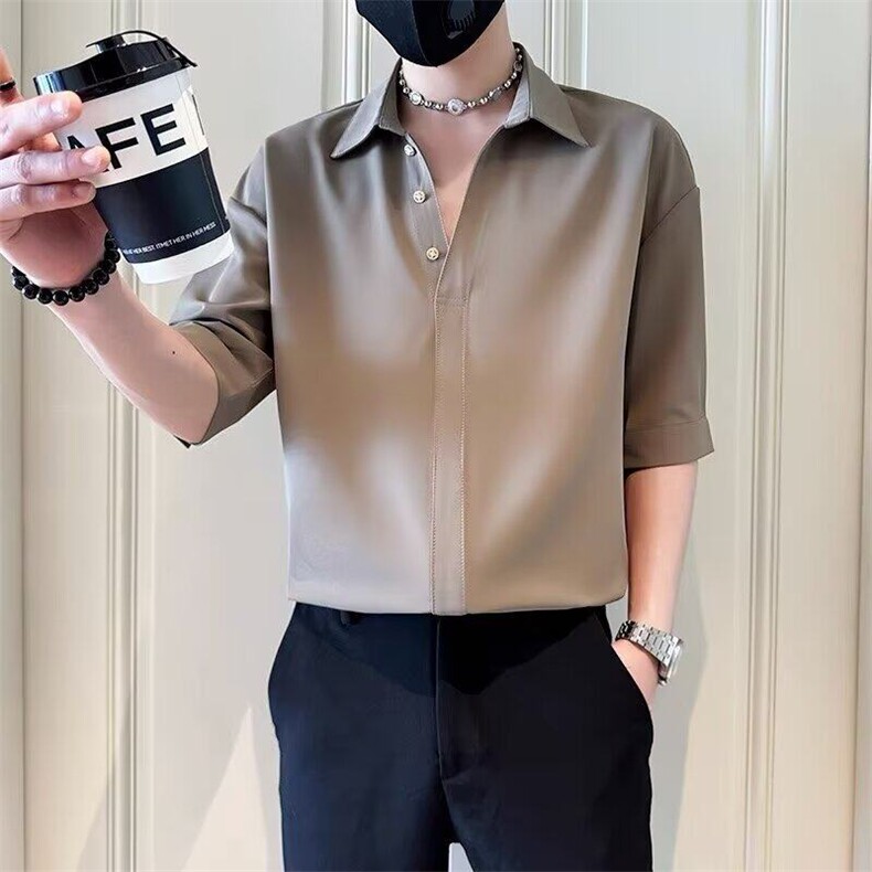M622-P35炸街冰丝短袖衬衫男潮五分袖垂堕感衬衣图片