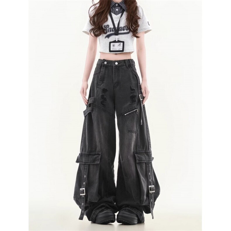 有货。重工飘带牛仔裤女2026多口袋阔腿裤子RK3420-P80，男装牛仔裤，星座412-3