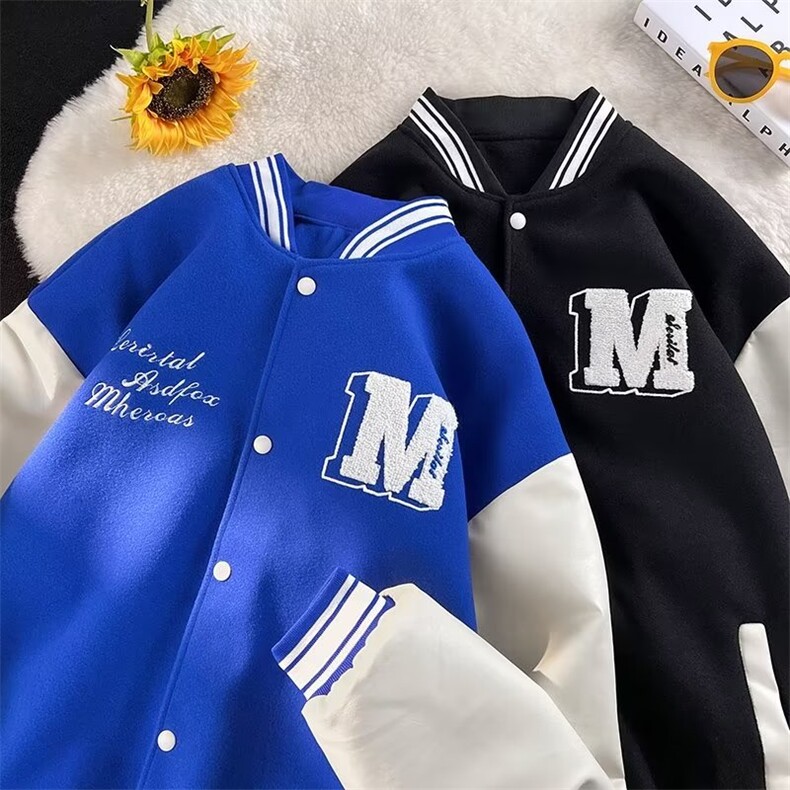 克莱因蓝色春秋款棒球服男毛呢拼皮不掉PU袖拼接夹克外套 JK504图片
