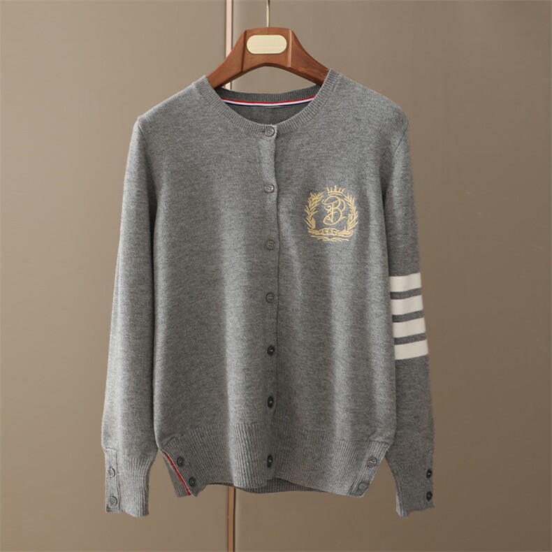 时尚百搭圆领刺绣条纹开衫秋季修身显瘦针织衫优雅气质女装毛衣，女装针织衫/毛衣，江杉羊绒