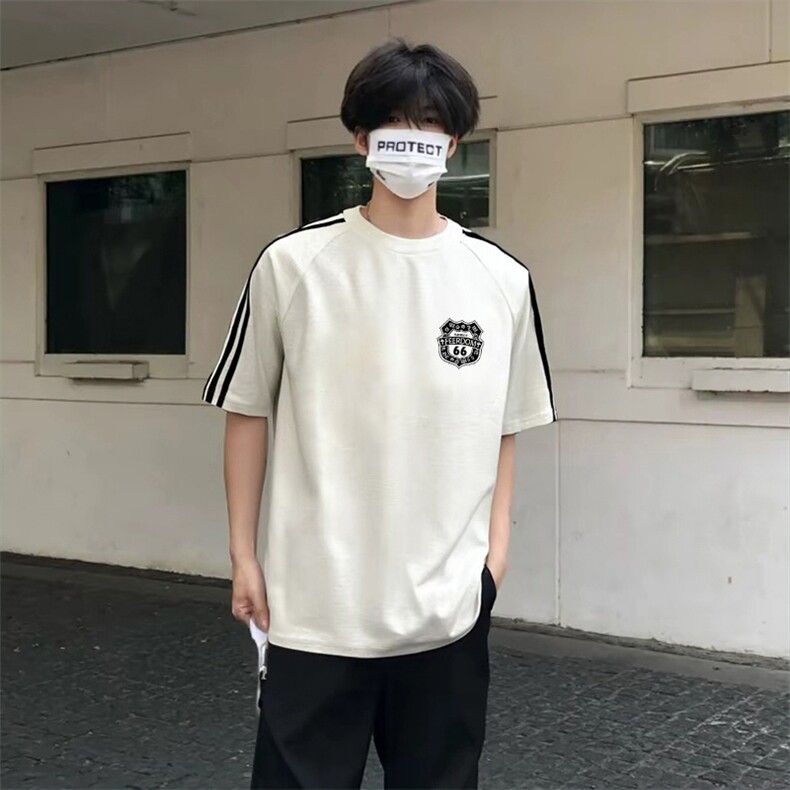 抖音得物高品质二开240克宽松纯棉美式潮牌三条杠织带短袖T恤图片