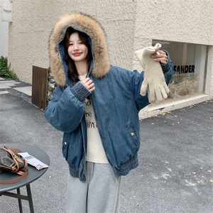 现货 复古气质连帽牛仔羽绒服女配狐狸毛可拆卸保暖外套中长款图片