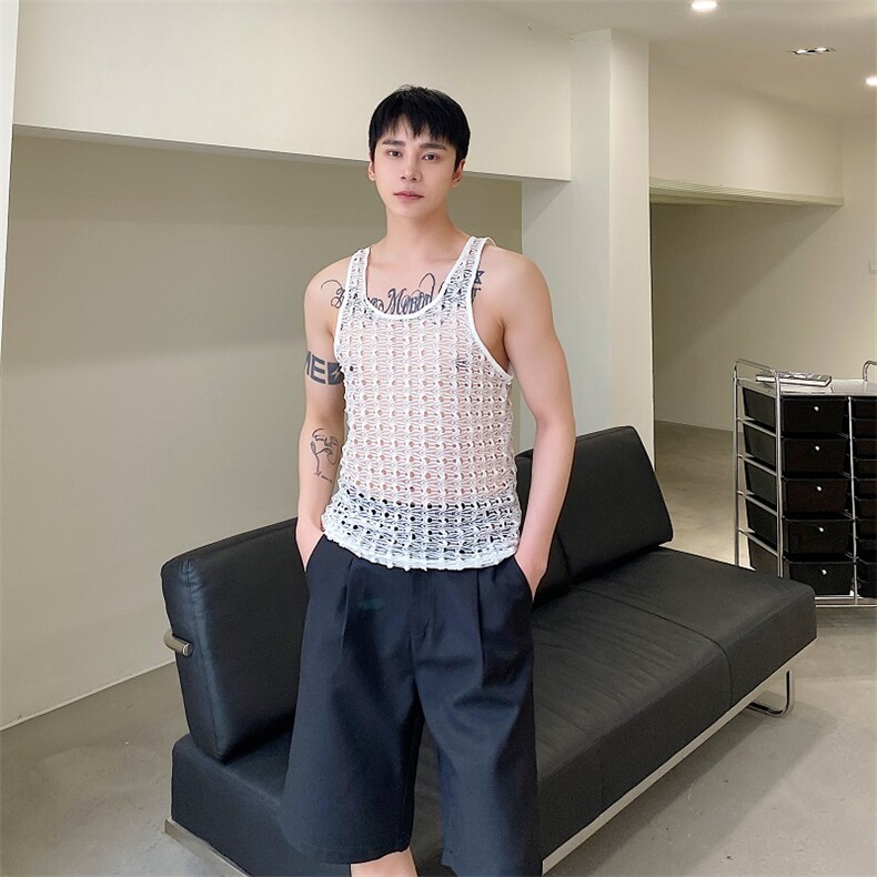 夏季新款轻薄纯色勾花马甲男U领无袖外穿休闲背心A345-262-P55,男装背心/马甲,电商A345