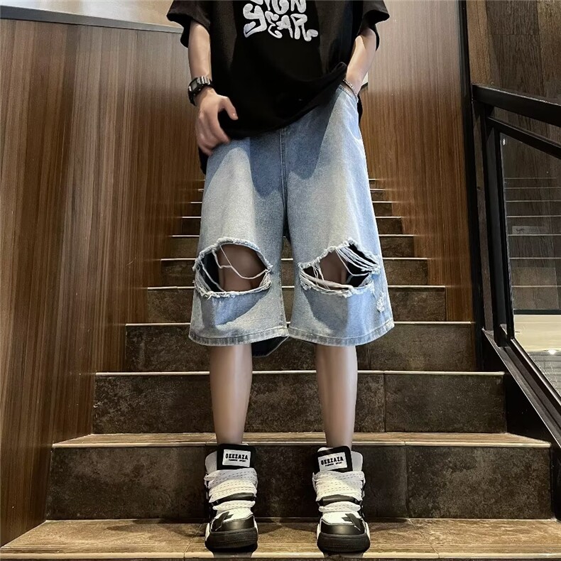 破洞牛仔短裤男夏季美式潮高街小众休闲裤子宽松百搭松紧腰五分裤,男装牛仔裤,星座1116-2