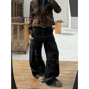 丹宁明线牛仔裤女男冬季解构分割阔腿裤baggy弯刀休闲裤NZX66图片