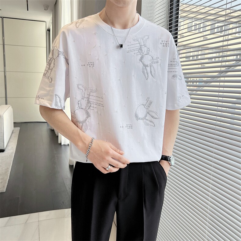 精品烧花夏季圆领印花休闲轻熟店主风短袖T恤男打底衫T2311-P52,男装T恤,电商A413