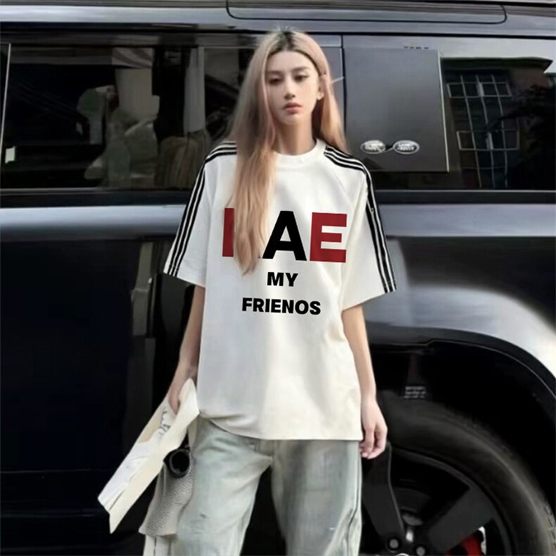 抖音得物品质二开240克宽松纯棉美式潮牌印花三条杠中性风短袖T恤,男装T恤,电商A486-1