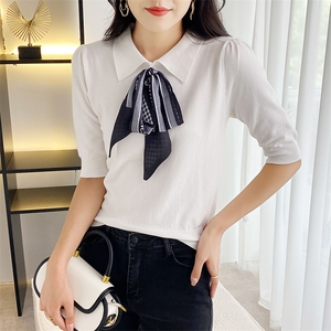 2023春夏羊绒纯色polo领短袖女套头薄针织打底衫短裤宽松丝巾短袖图片