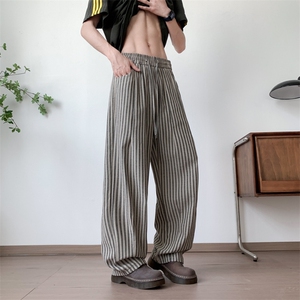 美式松弛感竖条纹休闲裤男女夏季慵懒风垂感直筒裤弯刀阔腿拖地裤图片