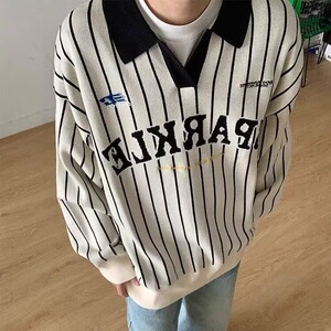 美式男女款撞色条纹Polo翻领长袖卫衣秋季新款宽松显瘦运动上衣图片